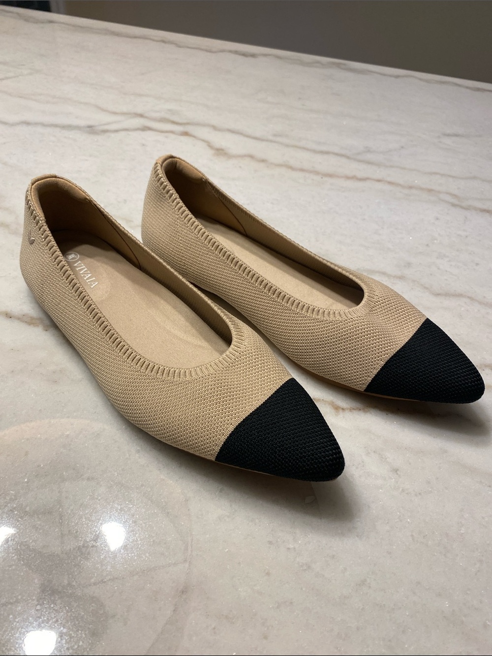 VIVAIA Aria 5° Ballet Flats Black Cap Toe Pointed Slip On Knit